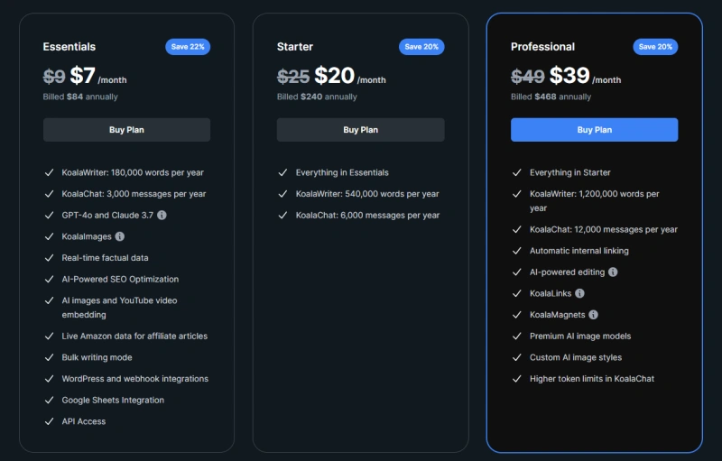 KoalaWriter Pricing Plans Essentials