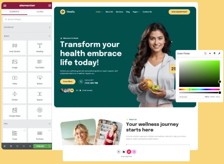 Healix WordPress Theme Review 2026 β A Health Coach Site Done Right? Healix Elementor page builder interface