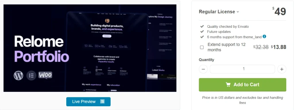 Relome WordPress Theme Review 2026 β Is This Portfolio Theme Worth Your Money? Relome pricing section on ThemeForest